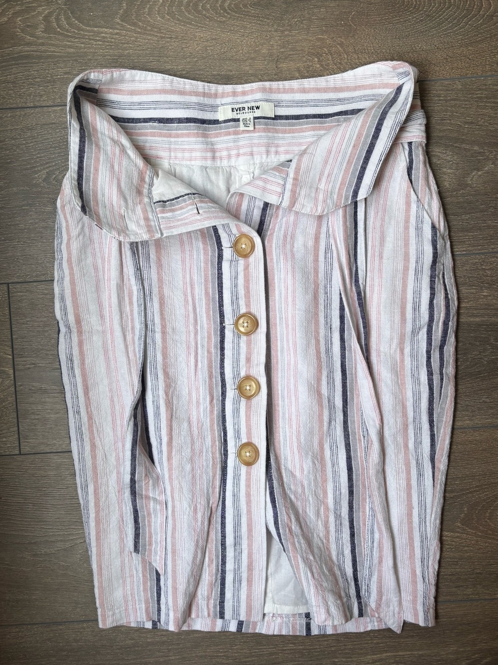 Ever New Linen Pink and Navy Striped Button-Front Pencil Skirt